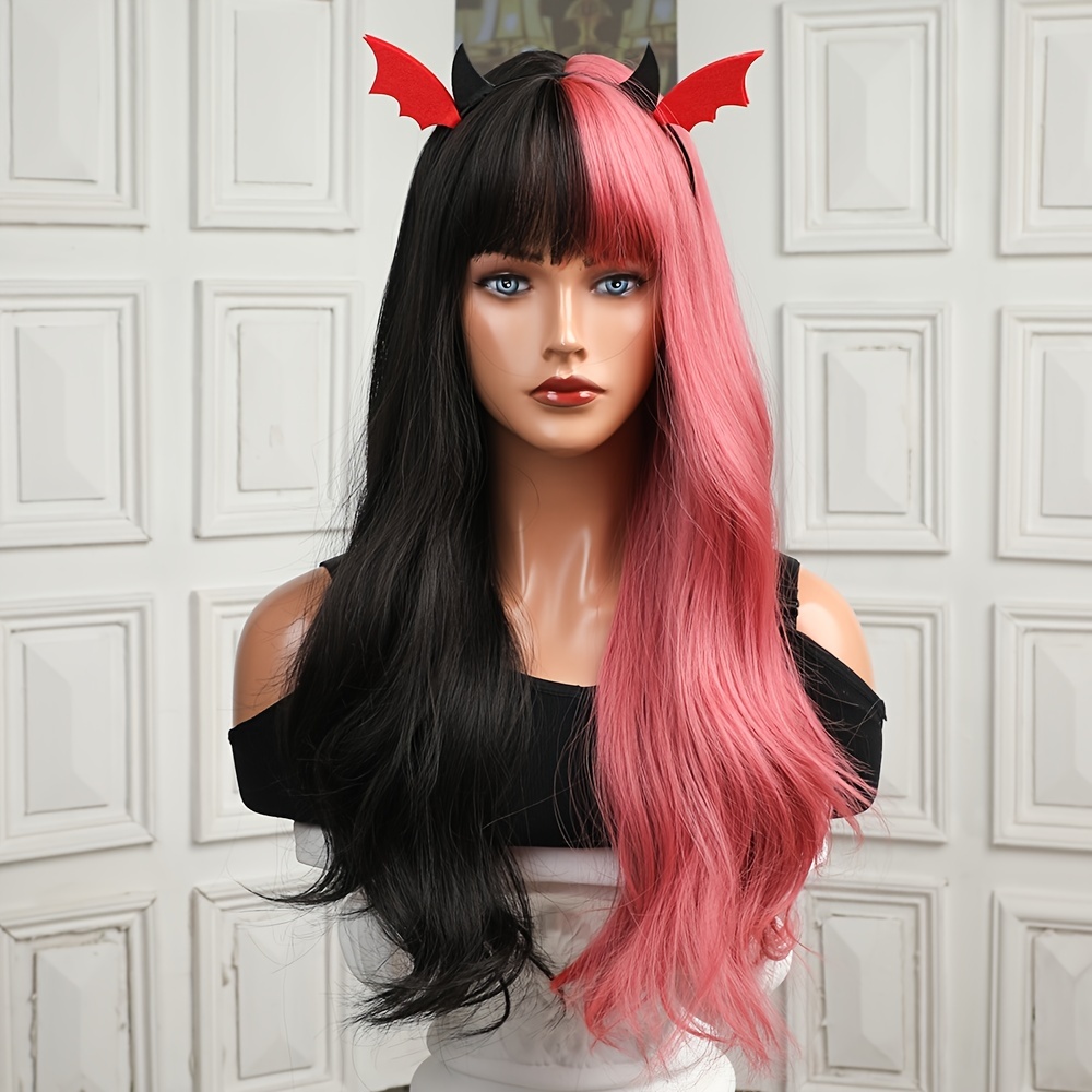HAIRCUBE Black And Pink Long Wavy Wigs For Women With Bangs Natural Synthetic Wigs For Daily Use Black And Pink 28 inches
